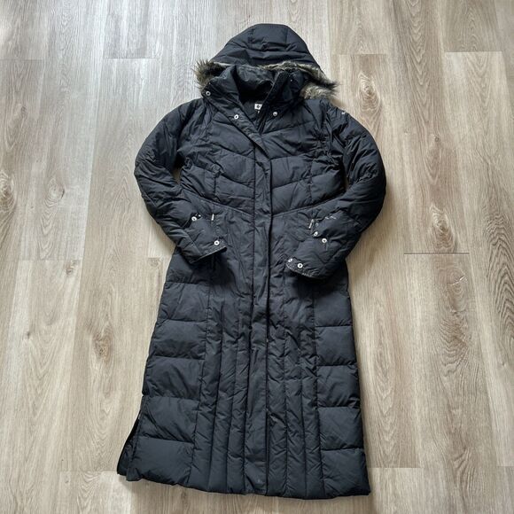 Columbia Omni Shield Womens Small Long Black Down Parka Hooded Faux Fur Coat